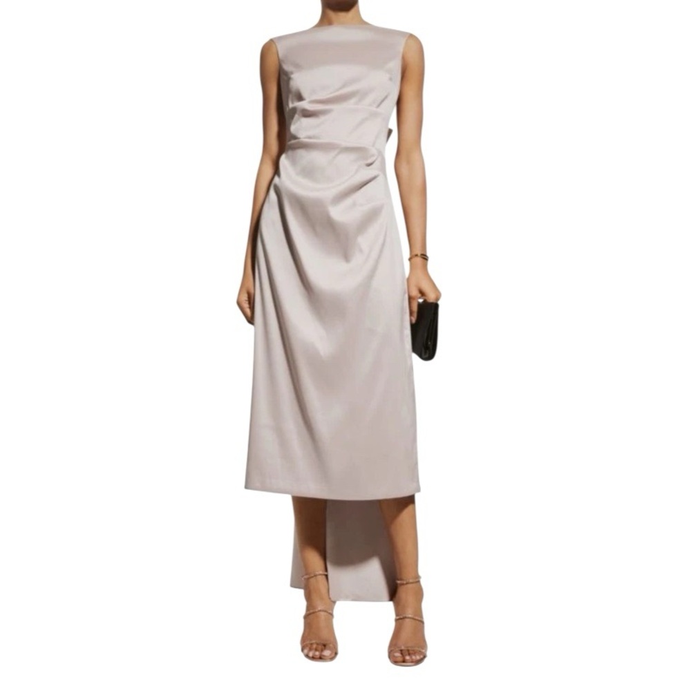 US 4 Aidan Mattox Women's Beige Bow-Back Shirred-Front Satin Dress NWT